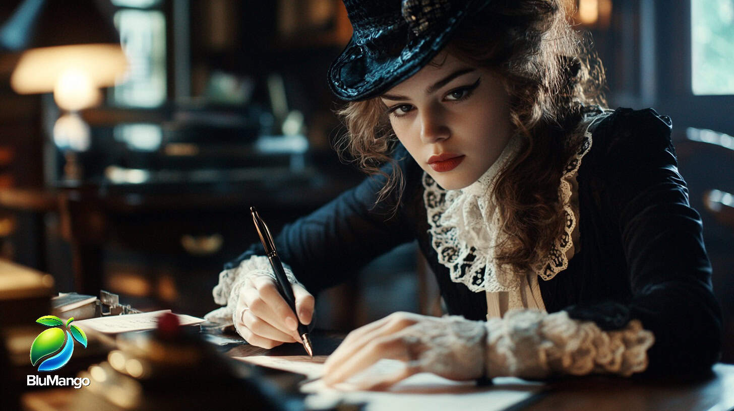 Young woman writing with fountain pen in vintage attire, representing BluMango content creation strategy