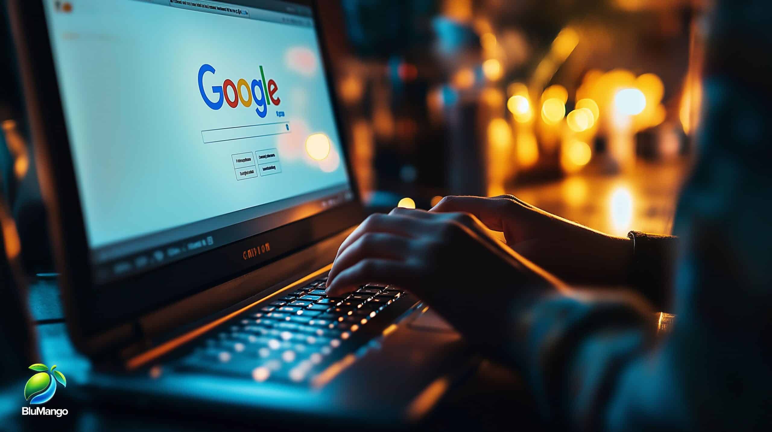 Person typing on a laptop showing Google search page, representing SEO and improving Google rankings for business.