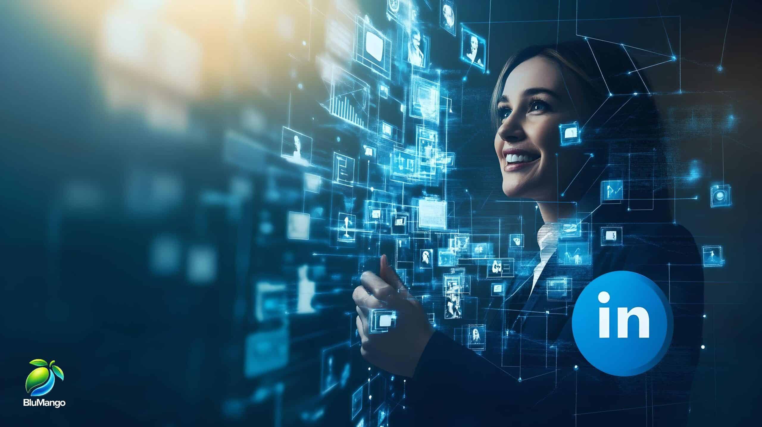 Smiling businesswoman engaging with digital LinkedIn network interface, symbolizing LinkedIn marketing strategy