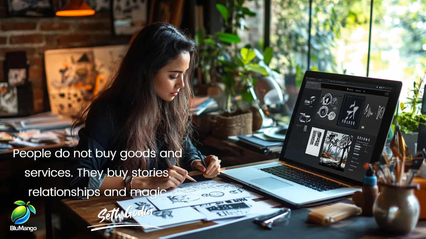 Woman working on creative design at desk with Seth Godin quote: “People do not buy goods and services. They buy stories, relationships and magic.”