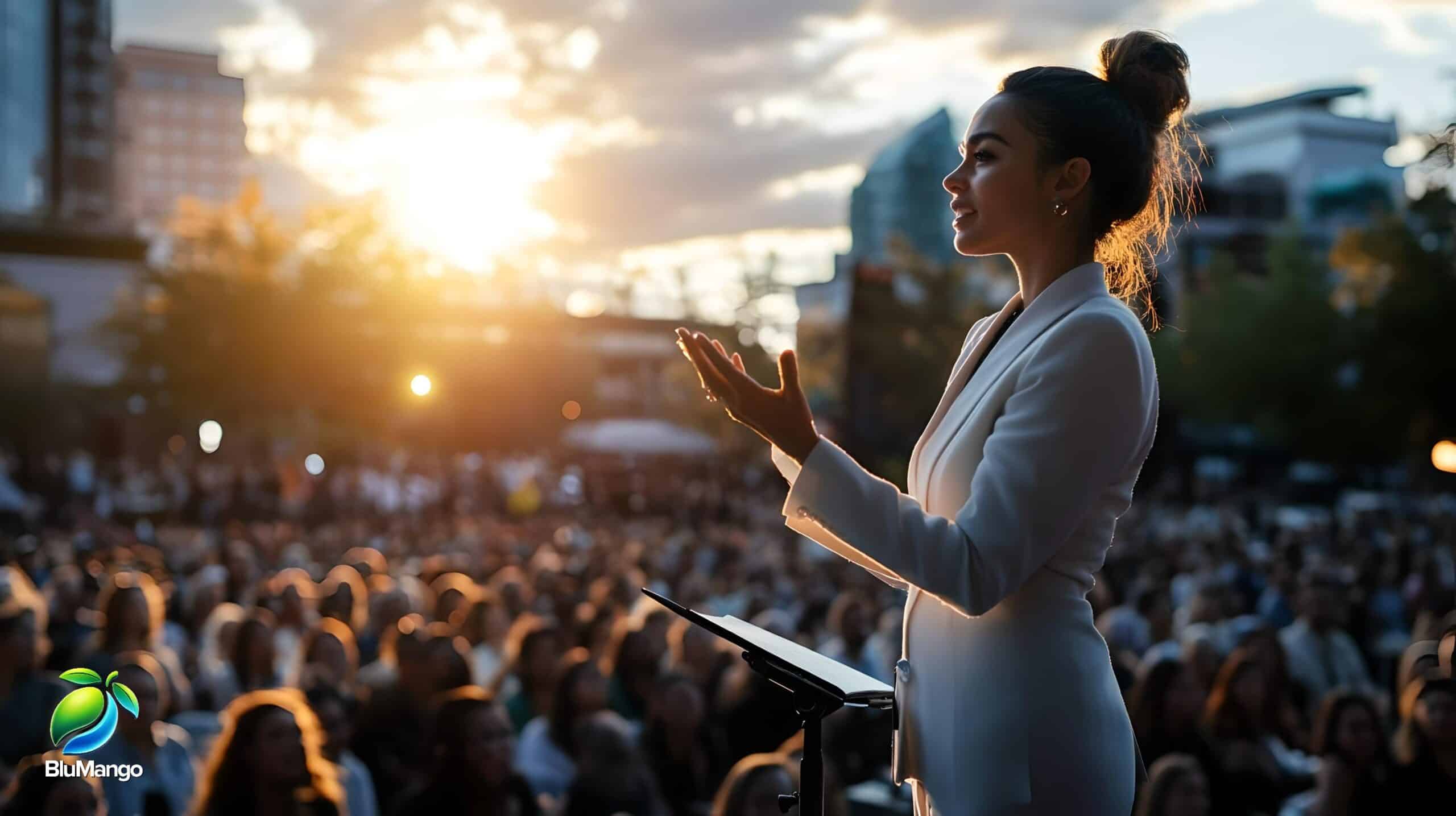 Woman speaking confidently to a large business audience at sunset, symbolizing B2B influence and audience growth