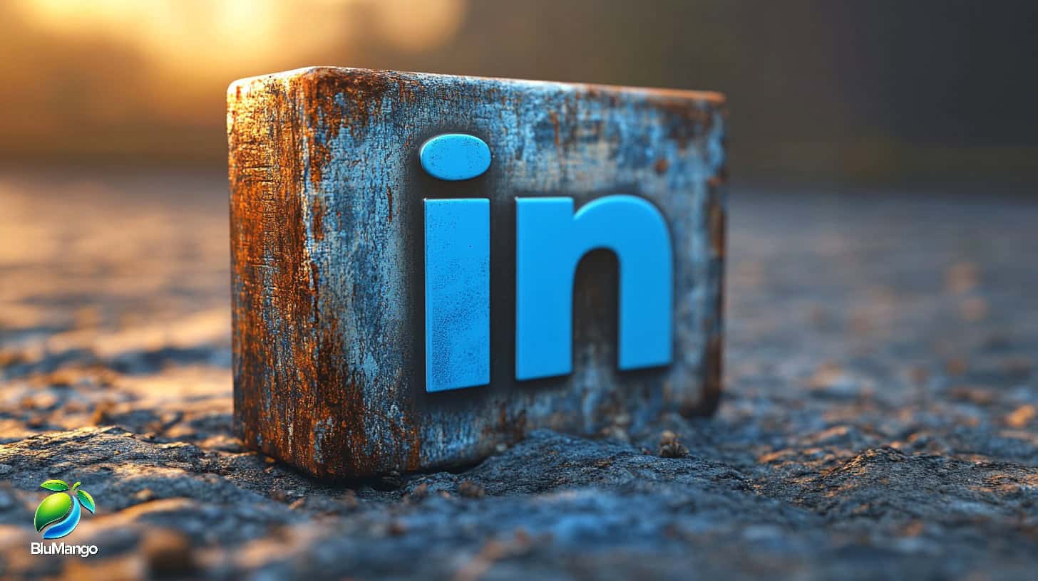 3D LinkedIn logo block on textured pavement at sunset with BluMango logo in the corner