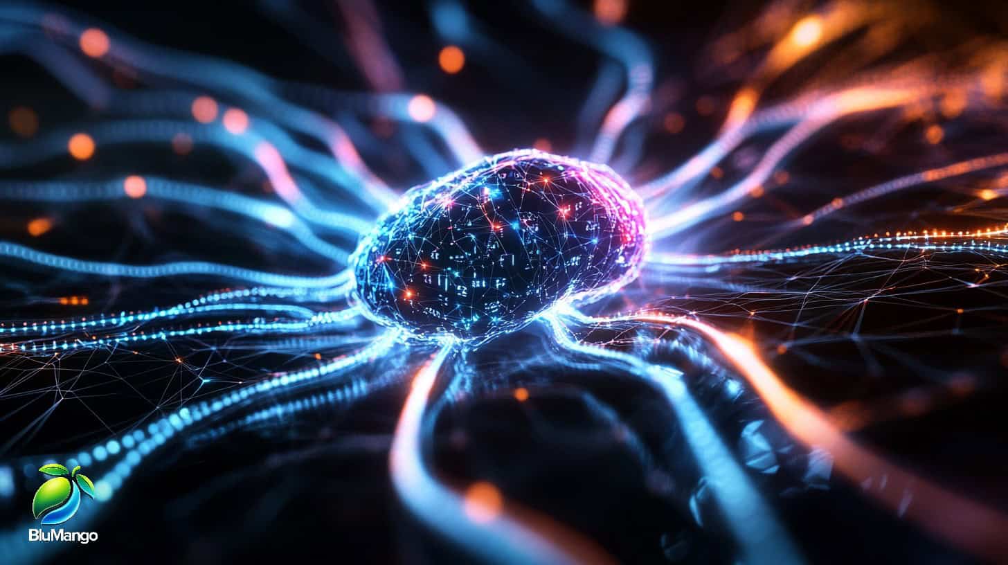 Futuristic digital representation of an AI neural network, symbolizing social media algorithms in 2025