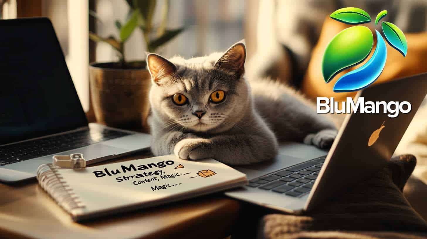 British Shorthair cat on laptop with BluMango notebook and branding