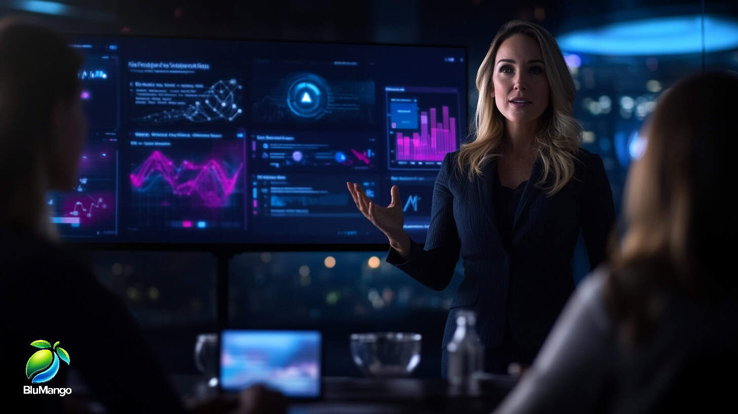 Woman presenting modern marketing analytics on screen to business team