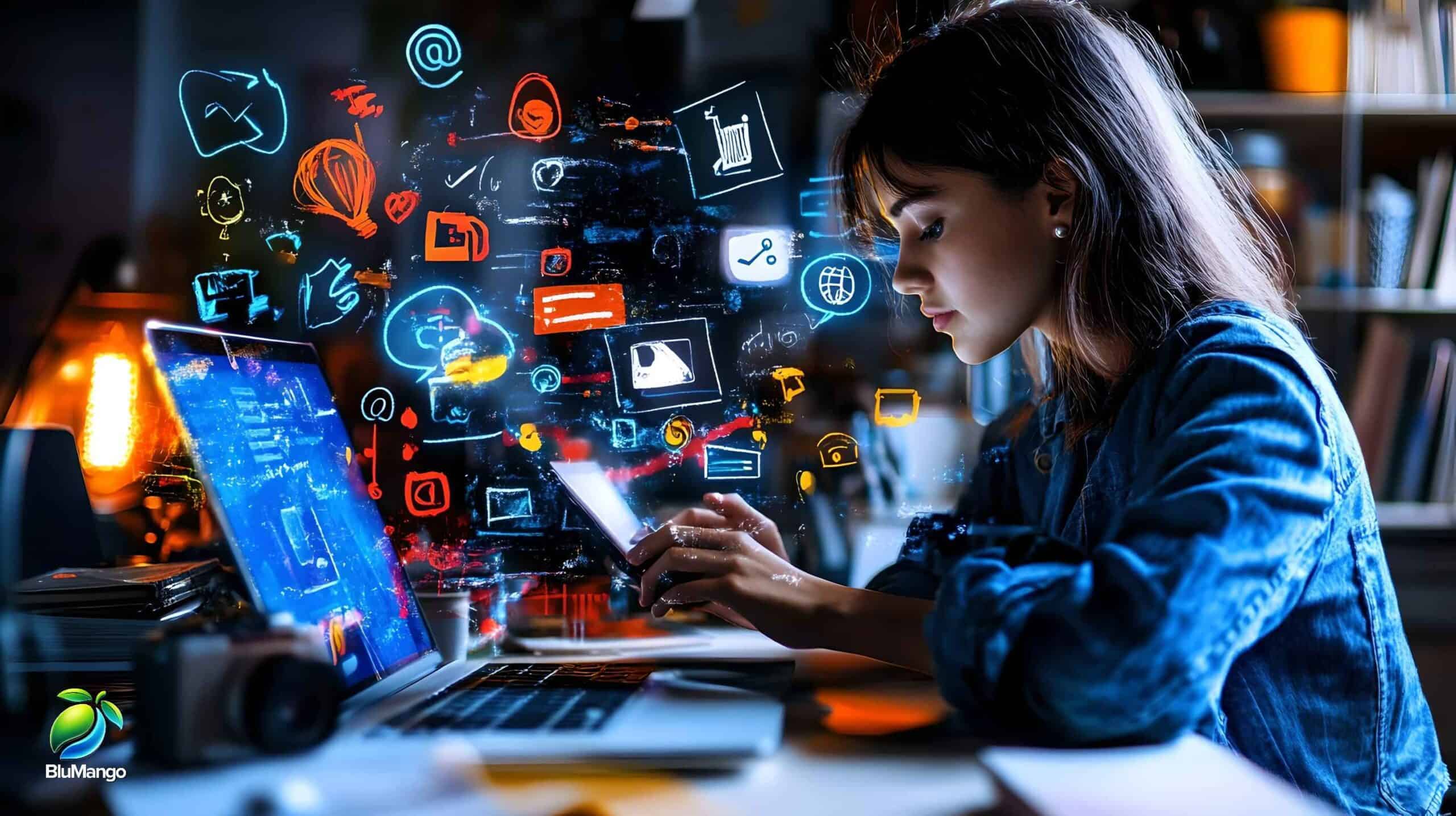 A woman working on a laptop with digital marketing and social media icons floating around her, symbolizing modern content creation and digital engagement.