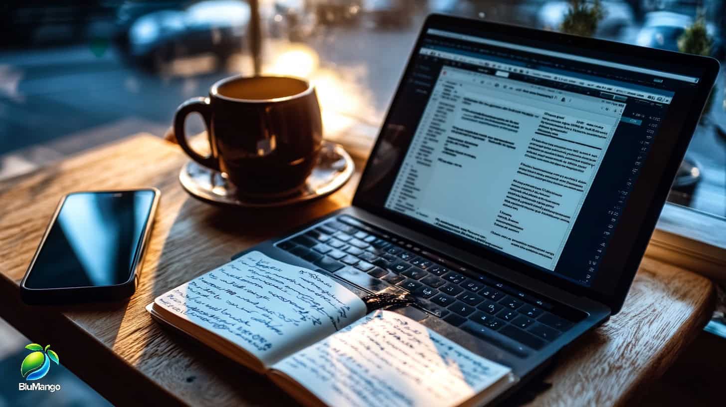 Modern workspace with laptop, handwritten notebook, smartphone, and coffee cup on a wooden table by the window