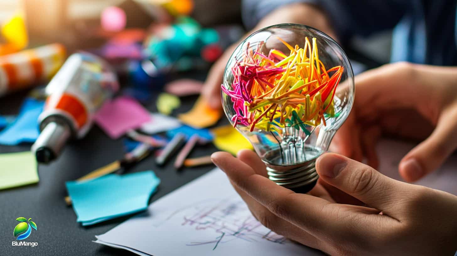 Creative lightbulb filled with colorful pins representing marketing agency ideas and strategy