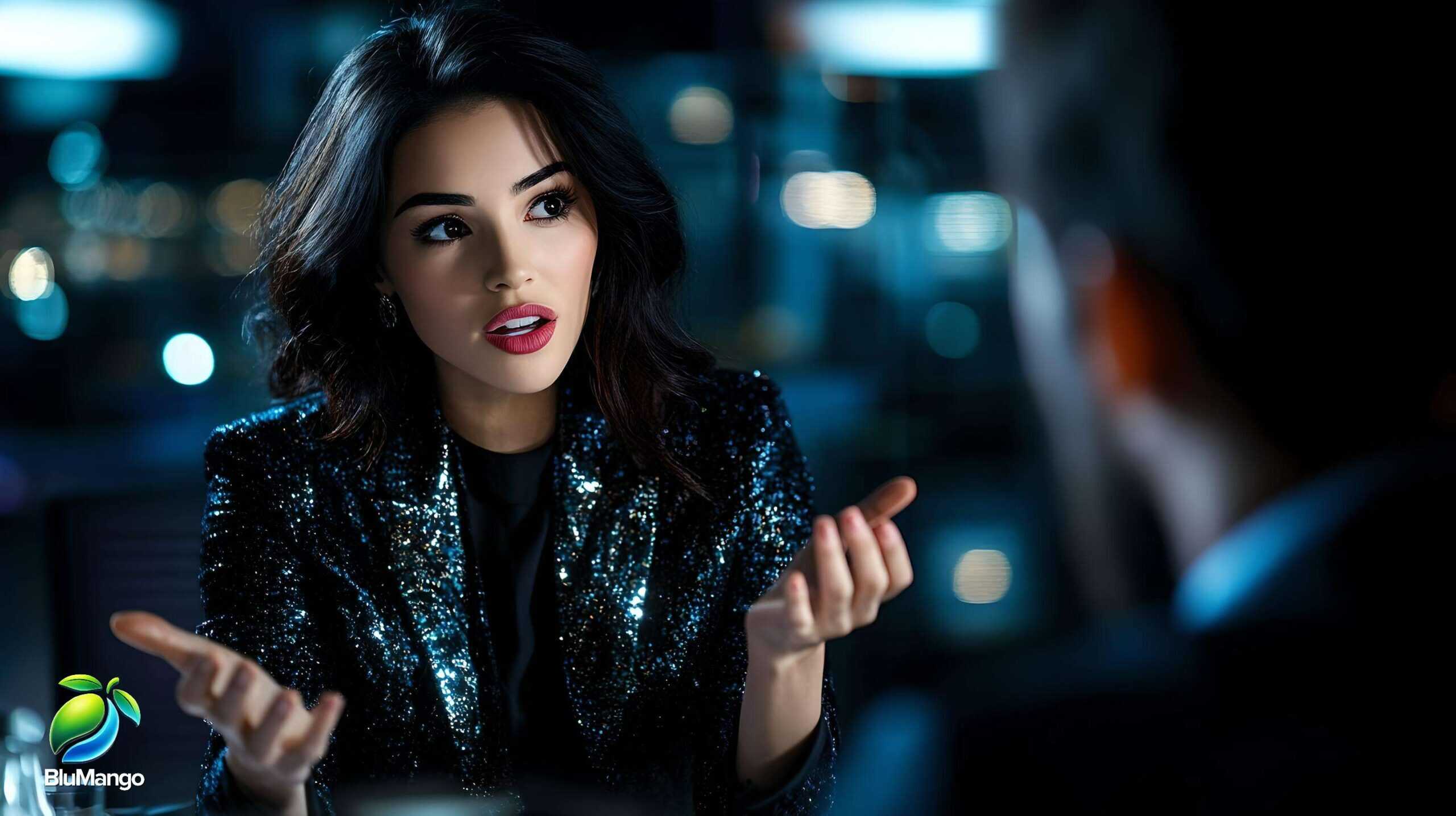Professional woman in sparkling blazer explaining something passionately during a business discussion.