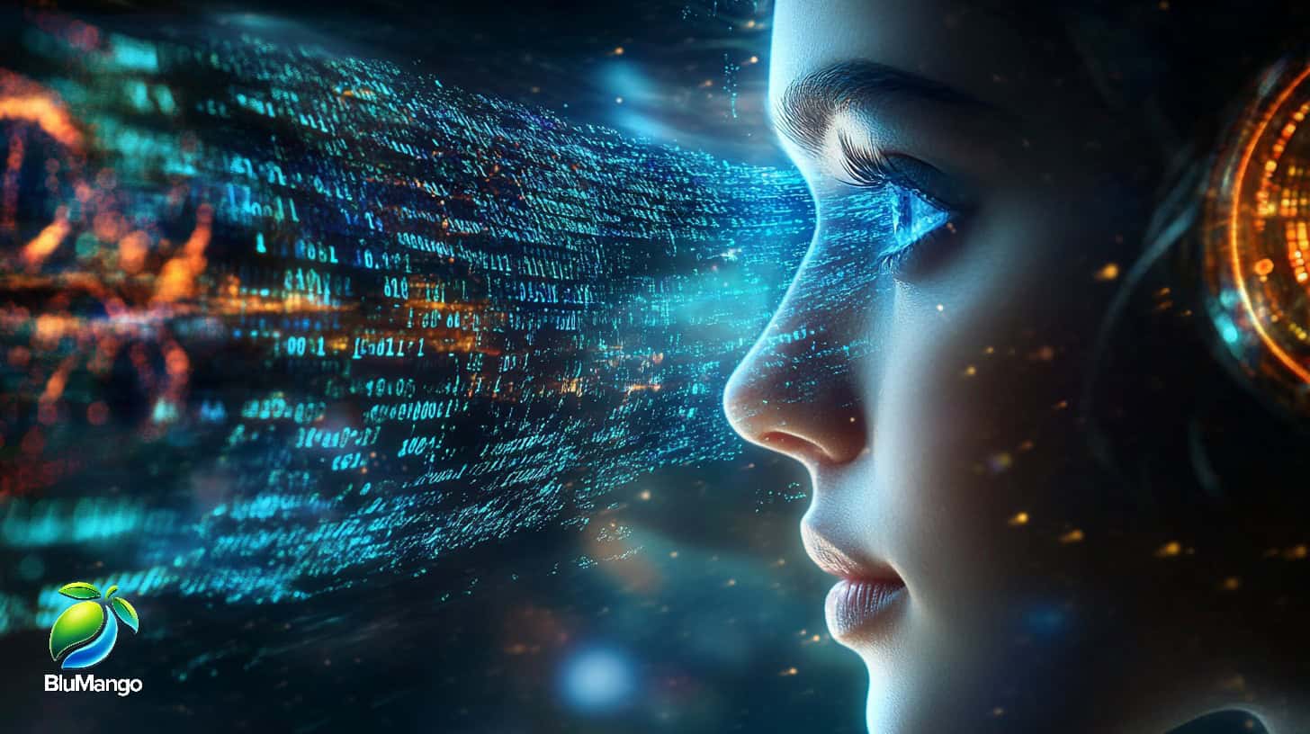 Futuristic concept of AI-powered search and Zero-Click Content. A human face surrounded by data streams, symbolizing digital content delivery.