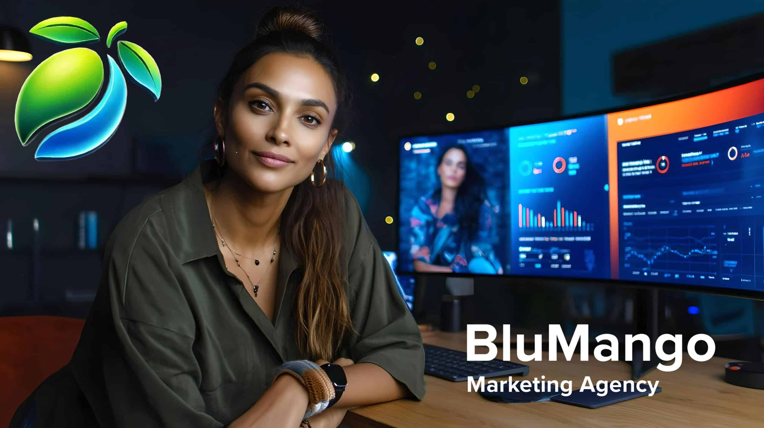 Confident female marketer at a modern agency desk with analytics on screen