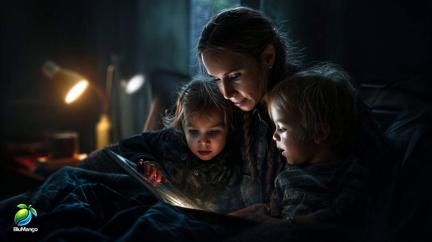 Mother reading a glowing bedtime story to two young children in a dark cozy room
