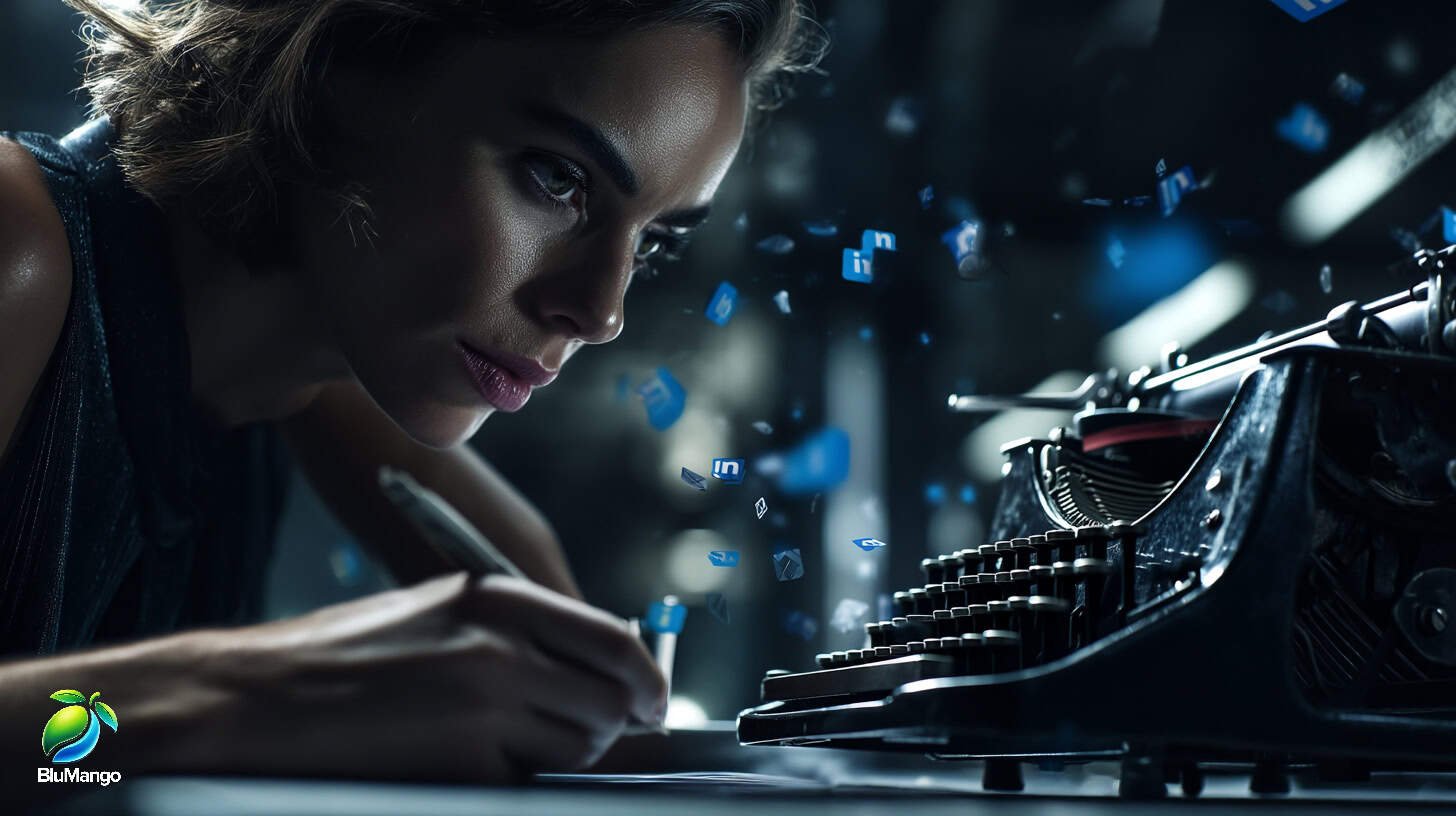 Woman writing content at a typewriter with floating LinkedIn icons in a futuristic creative setting