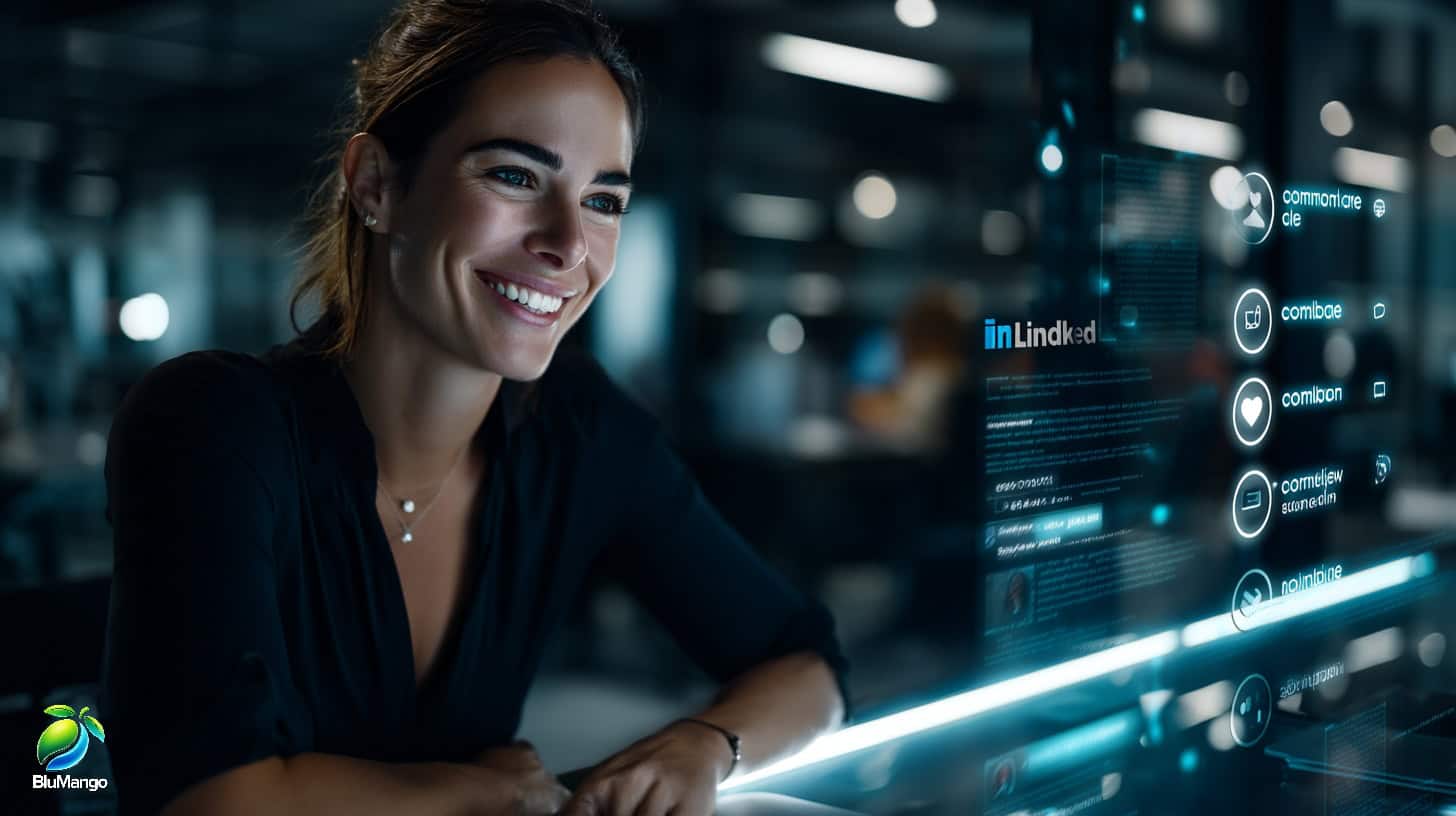 Smiling businesswoman using futuristic LinkedIn interface in a modern digital workspace