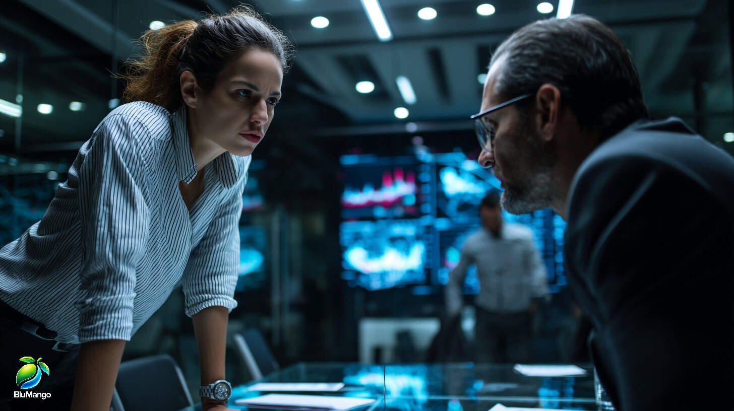 Female marketing expert confronts managing director during intense strategy meeting in modern office