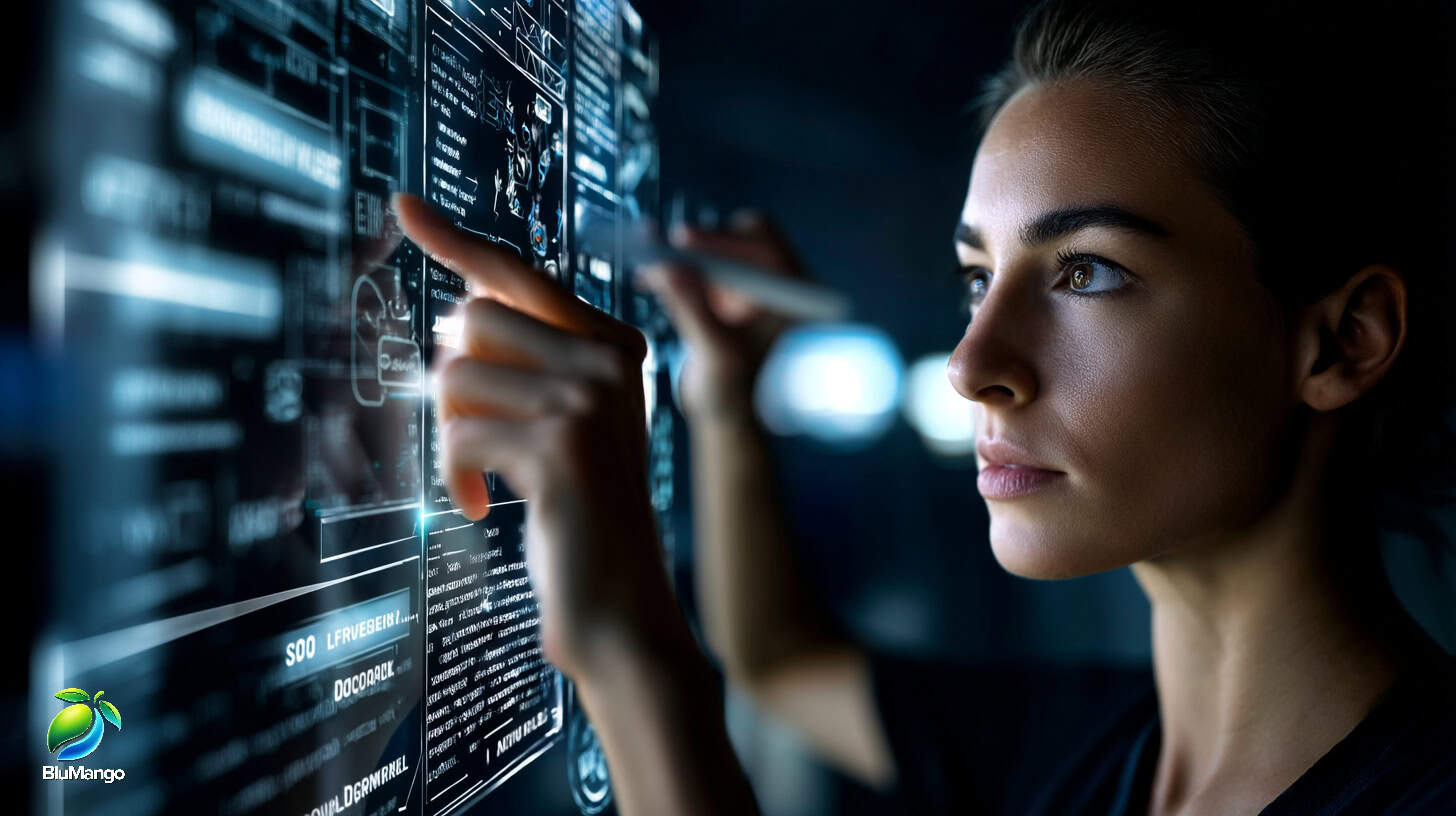 Vrouw werkt aan een futuristische digitale interface met SEO-content en zoekgegevens op het scherm