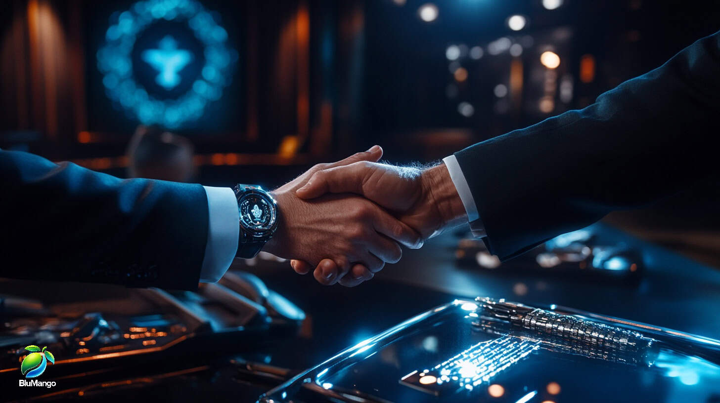 Business handshake between two professionals representing a brand partnership in a modern setting