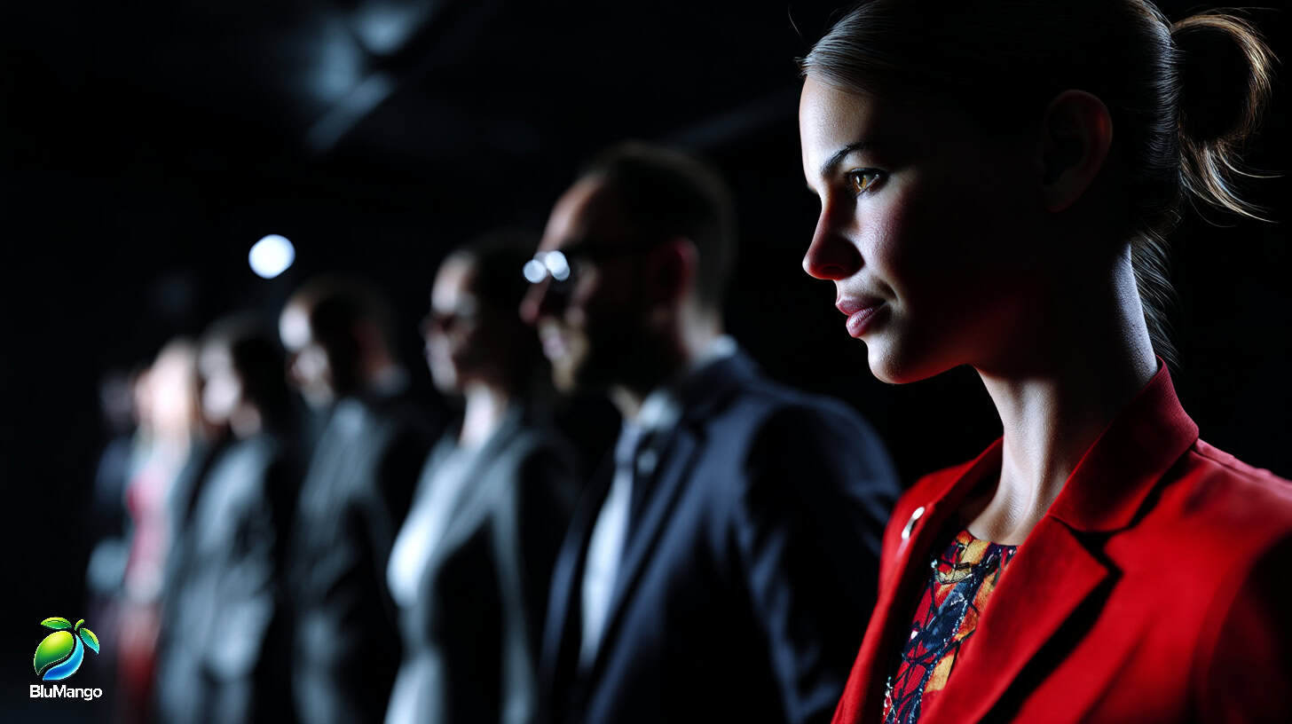 Photorealistic image of a female candidate standing out in a row of professionals during a recruitment process