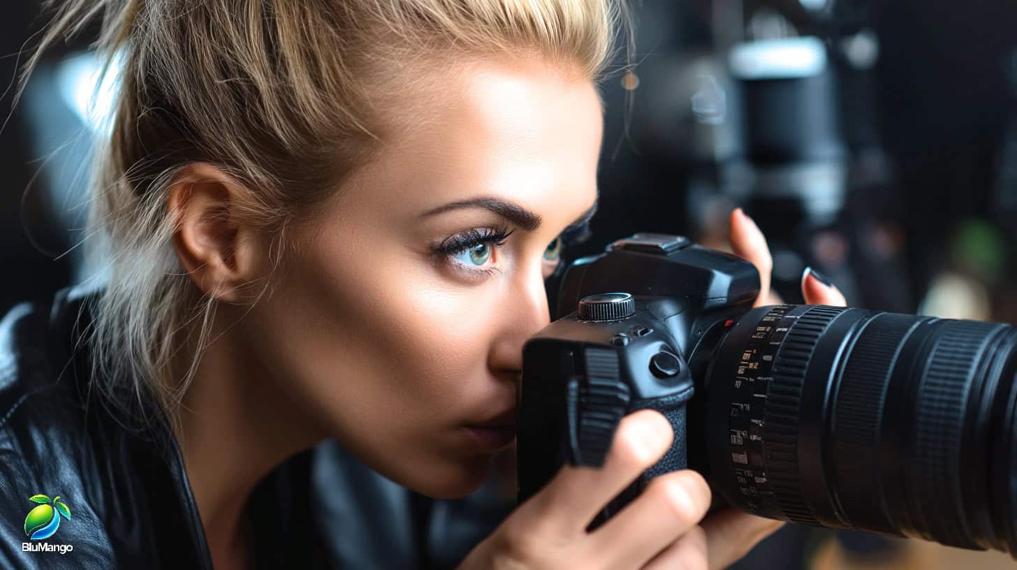 Professional female photographer focusing through camera lens in a studio setting