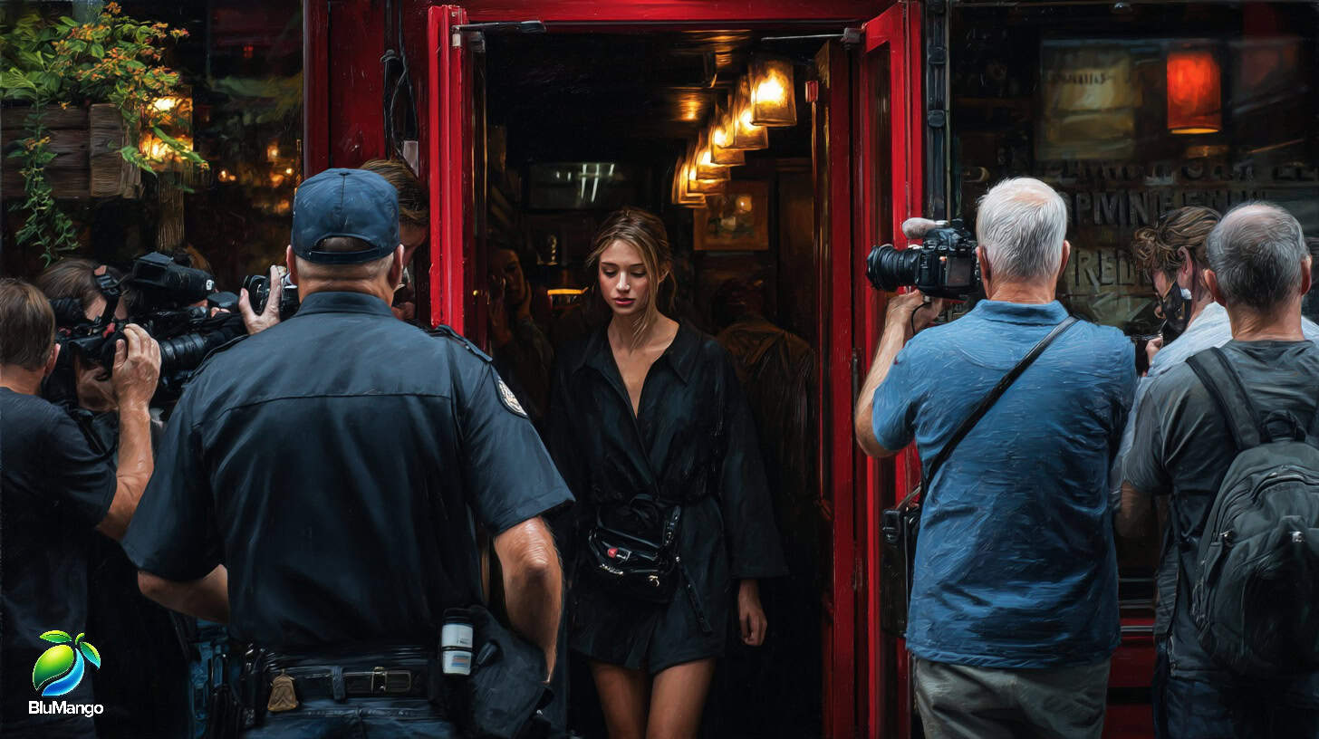 Public figure leaving a building surrounded by paparazzi, representing the pressure of public image and the need for social media management