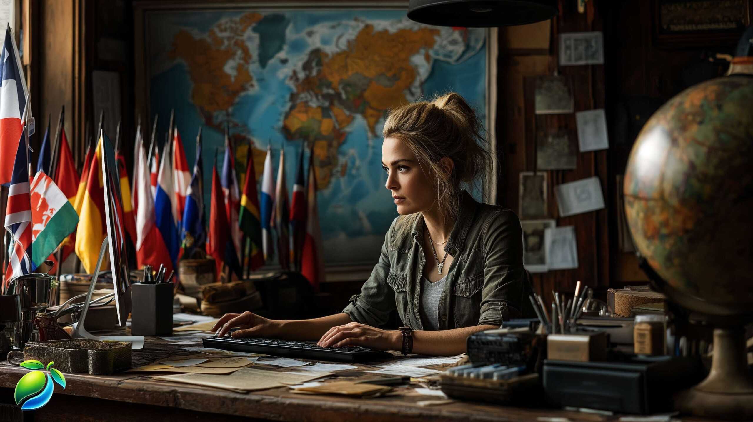Woman managing multilingual social media content with international flags and world map in background