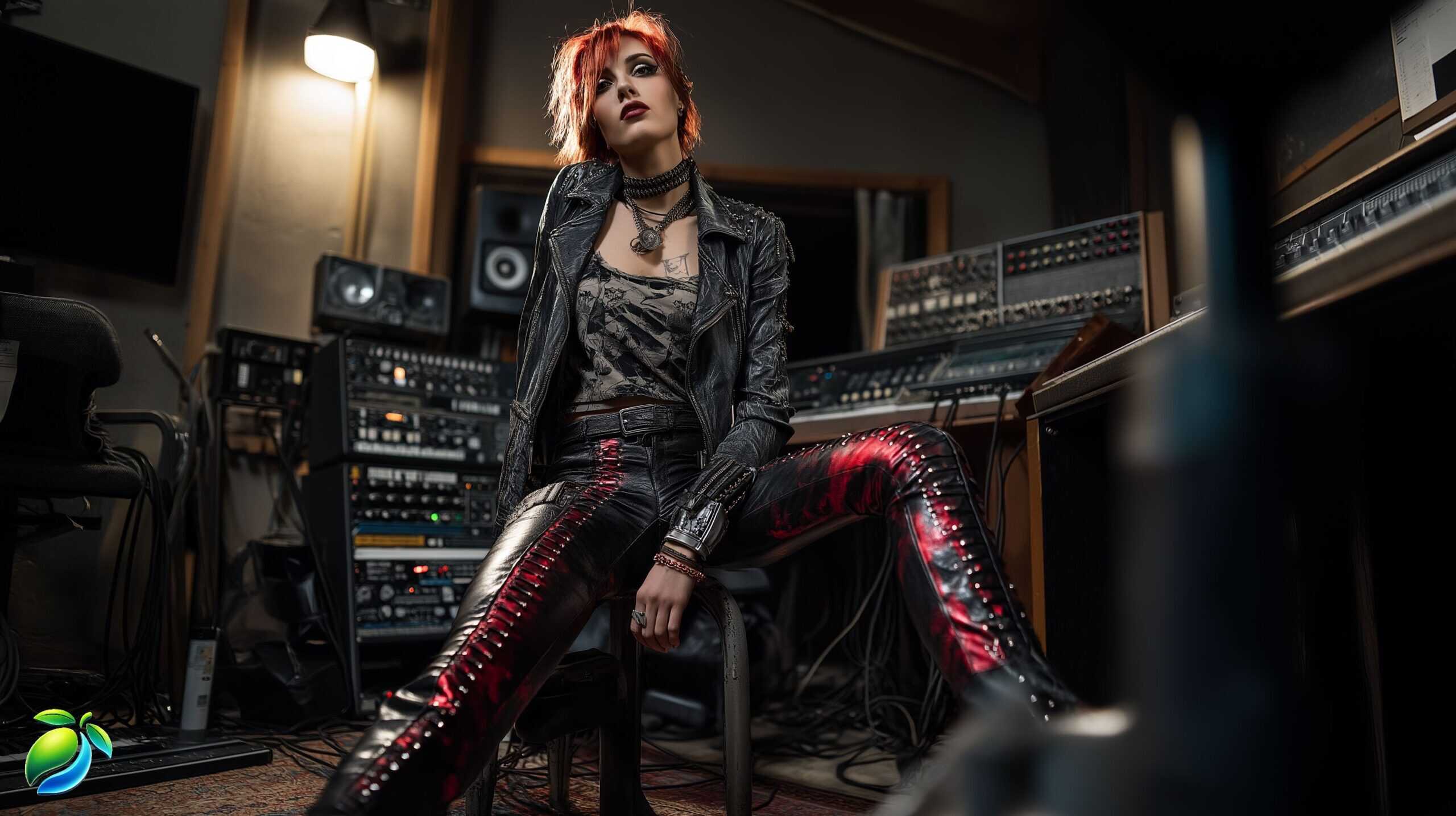 Female rockstar visual artist in a chaotic 1990s-style music studio filled with analog gear