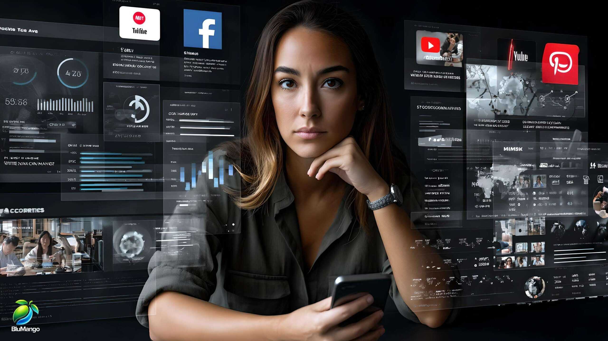 Woman analyzing digital marketing data on screen with social media dashboards