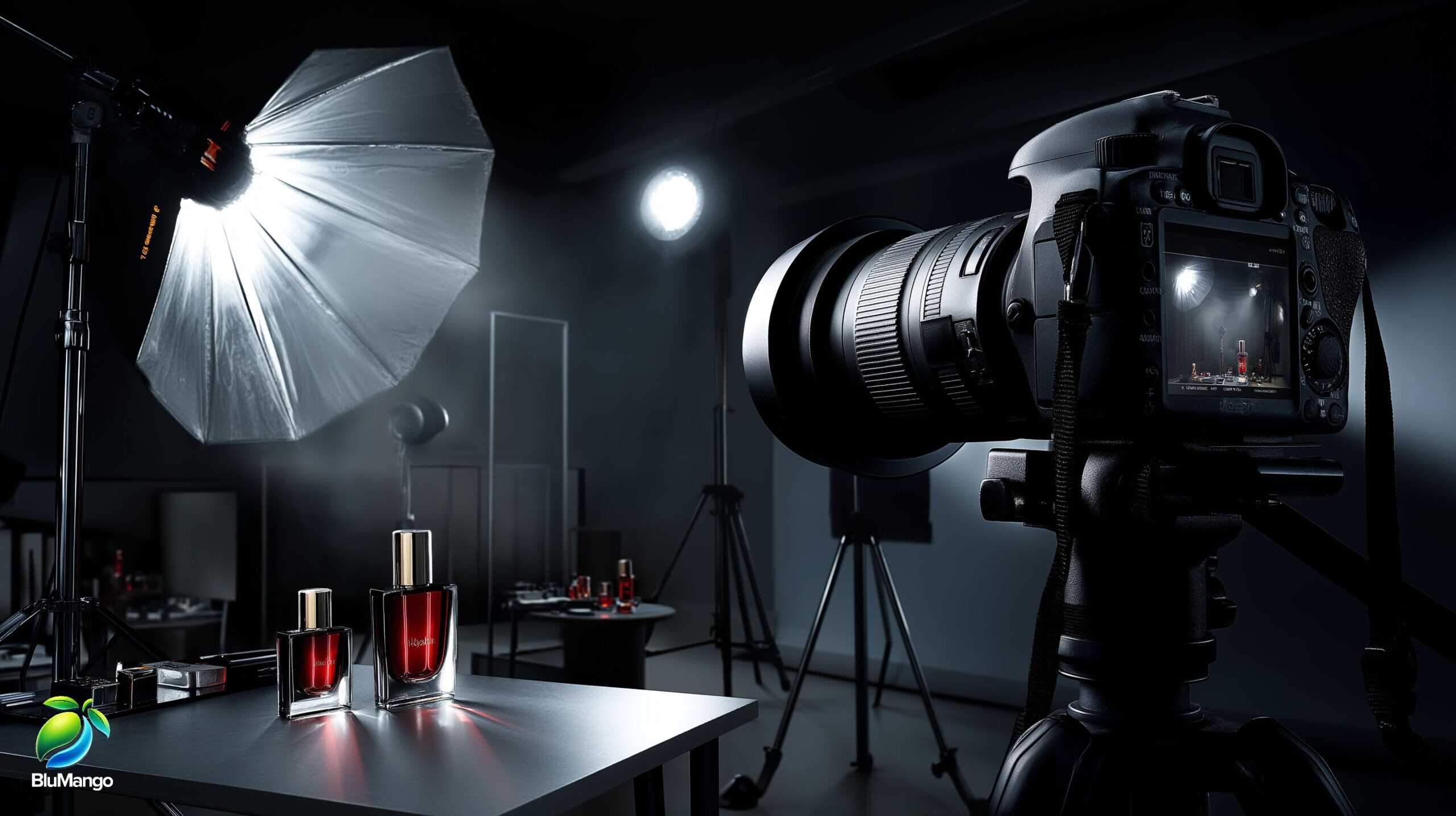 Professional product photography setup with camera, lighting equipment, and perfume bottles in studio.