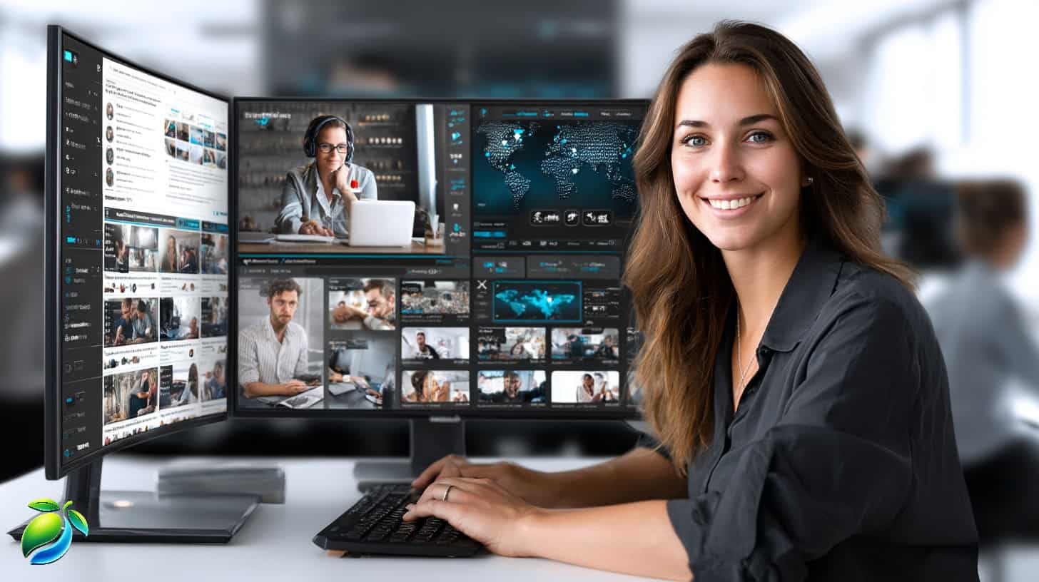 Smiling businesswoman managing social media platforms on dual monitors in a modern office