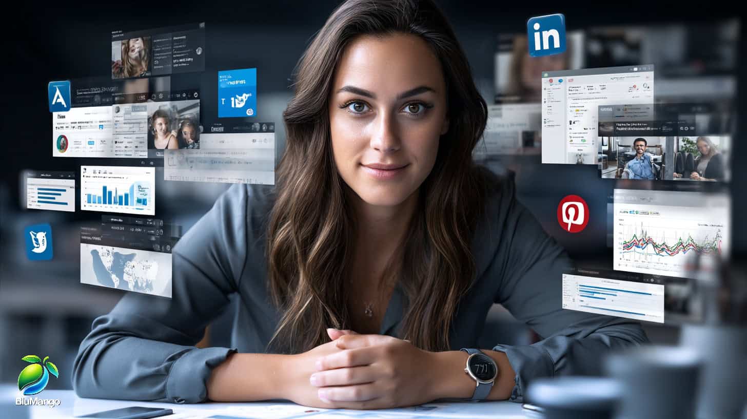 Digital marketing strategist surrounded by social media dashboards and analytics tools