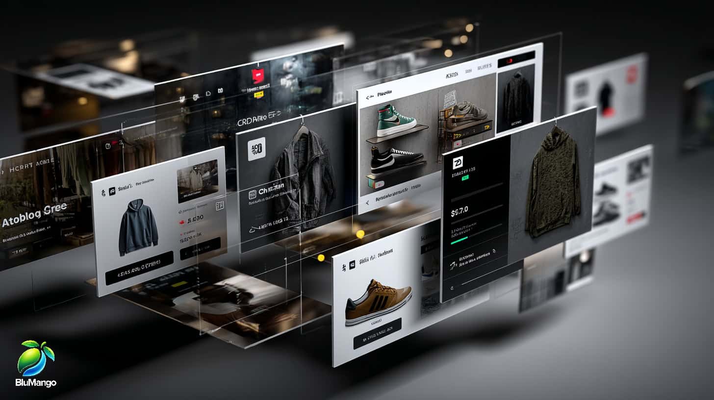 Photorealistic digital display of an online webshop interface with floating product cards, clothing, and ecommerce UI elements
