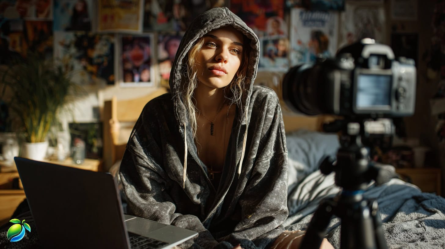 Gen Z content creator in hoodie filming vlog with natural light and camera setup