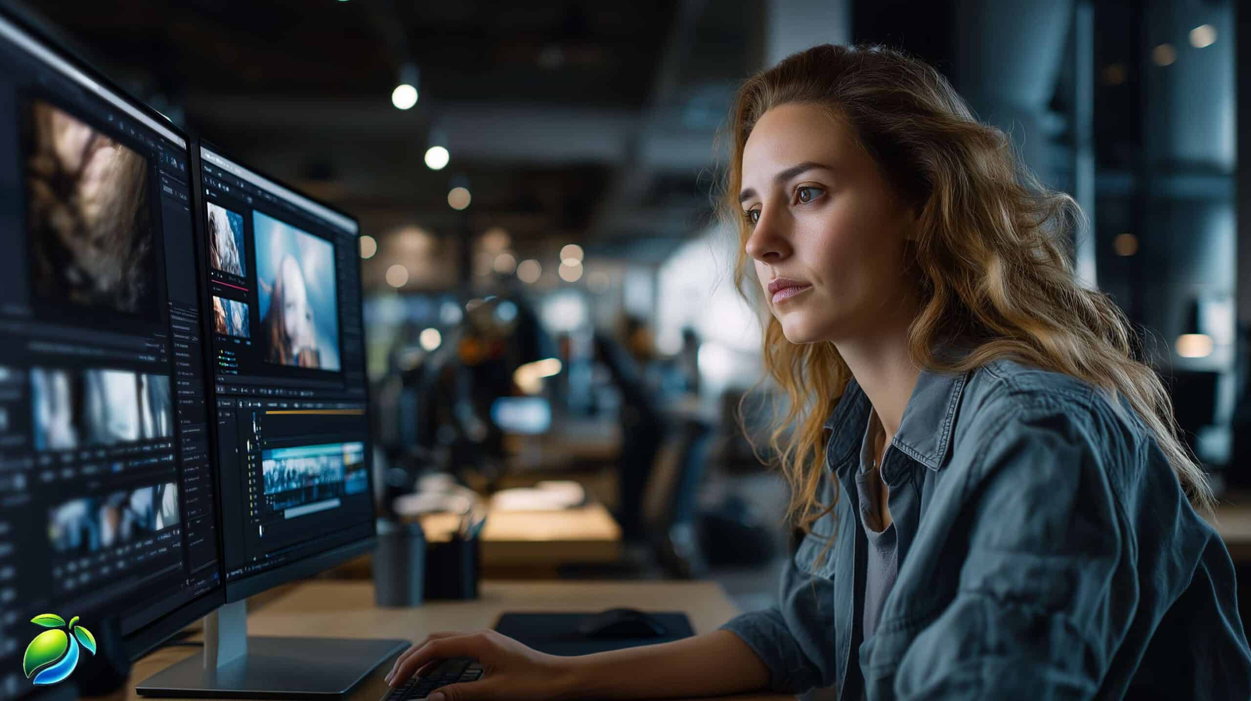 Woman using AI-powered video editing software in a modern office