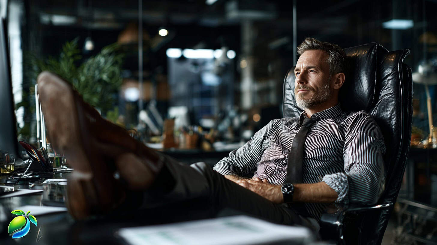 Un chef d'entreprise confiant réfléchissant à son bureau, symbolisant la nécessité d'une stratégie marketing avant le changement de marque