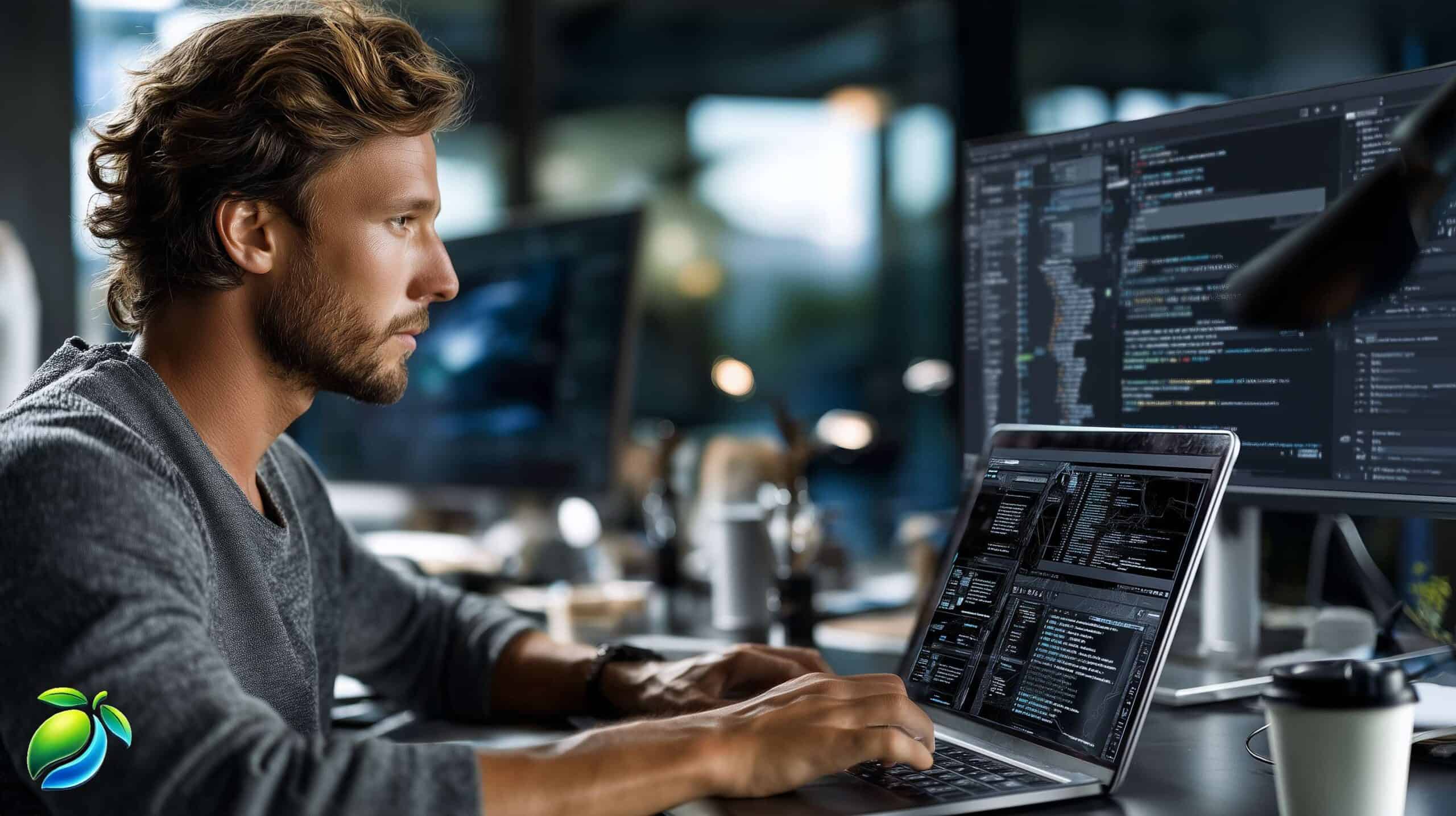 Web developer focused on minimalist UX design with code on multiple screens