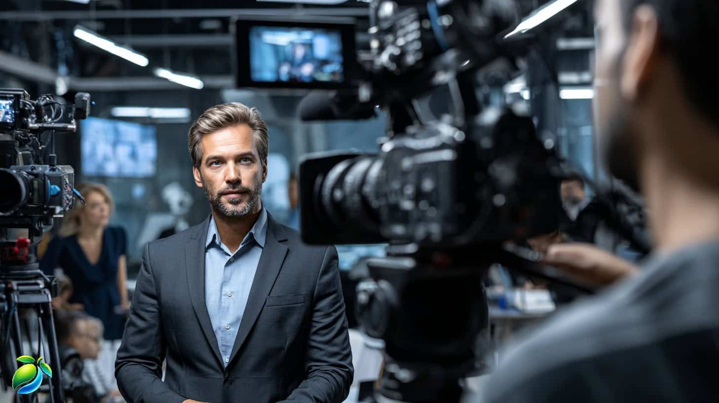 Confident professional being filmed by multiple cameras in a modern studio, symbolizing long-term brand visibility and media presence