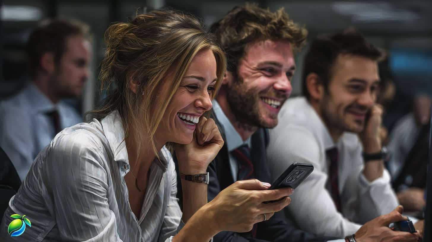 Jonge professionals lachen om een meme op een smartphone tijdens een vergadering, wat de impact van herkenbare digitale content laat zien