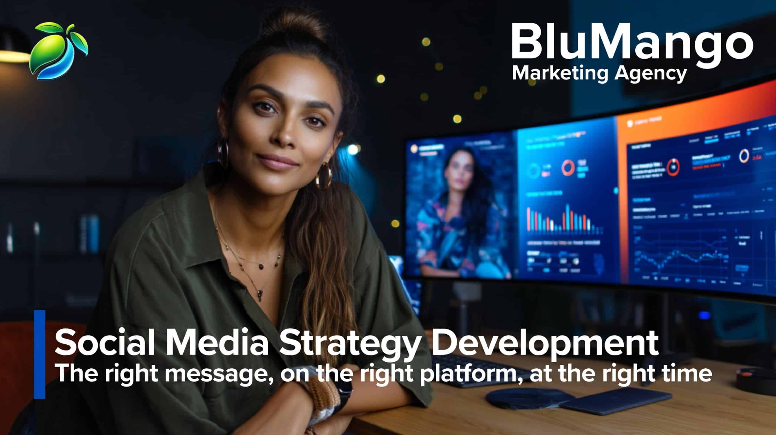 Ontwikkeling van social media strategie met doelgroeptargeting, platformselectie, tone of voice en postschema's, getoond door een strateeg aan een bureau met analytics schermen.