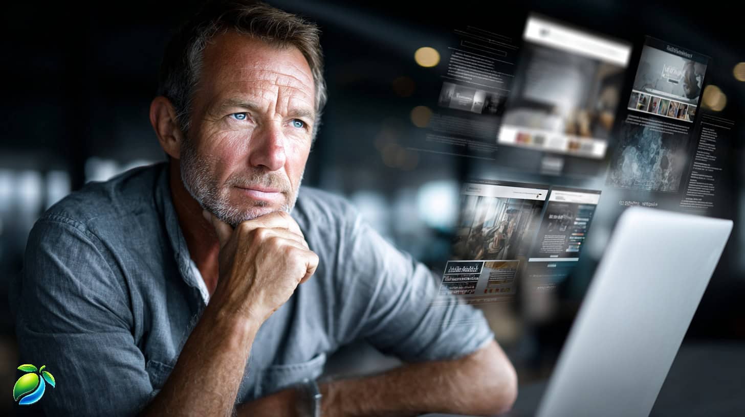 Mature businessman thoughtfully reviewing website designs on his laptop screen