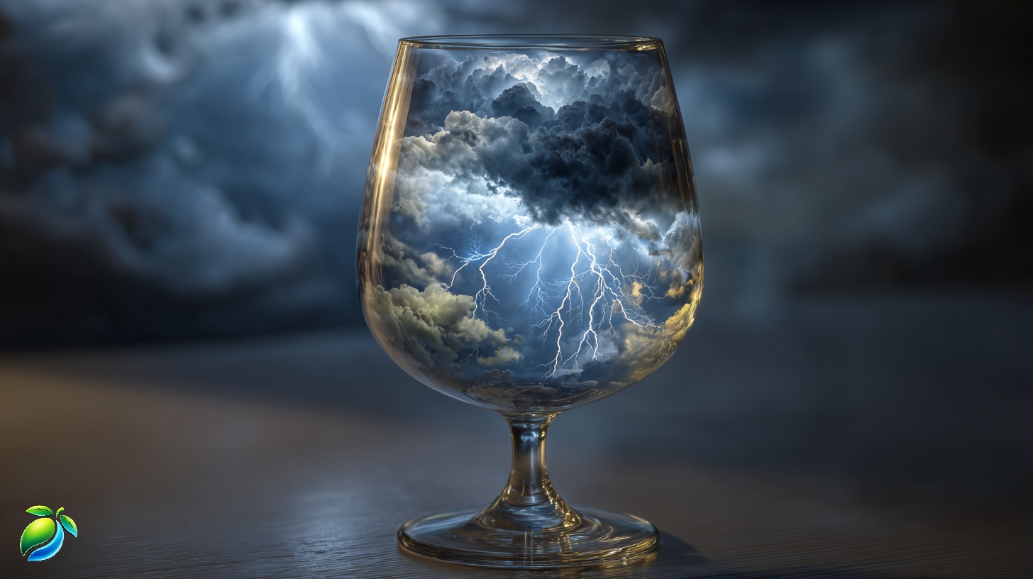 A dramatic thunderstorm inside a clear glass symbolising overreaction in marketing
