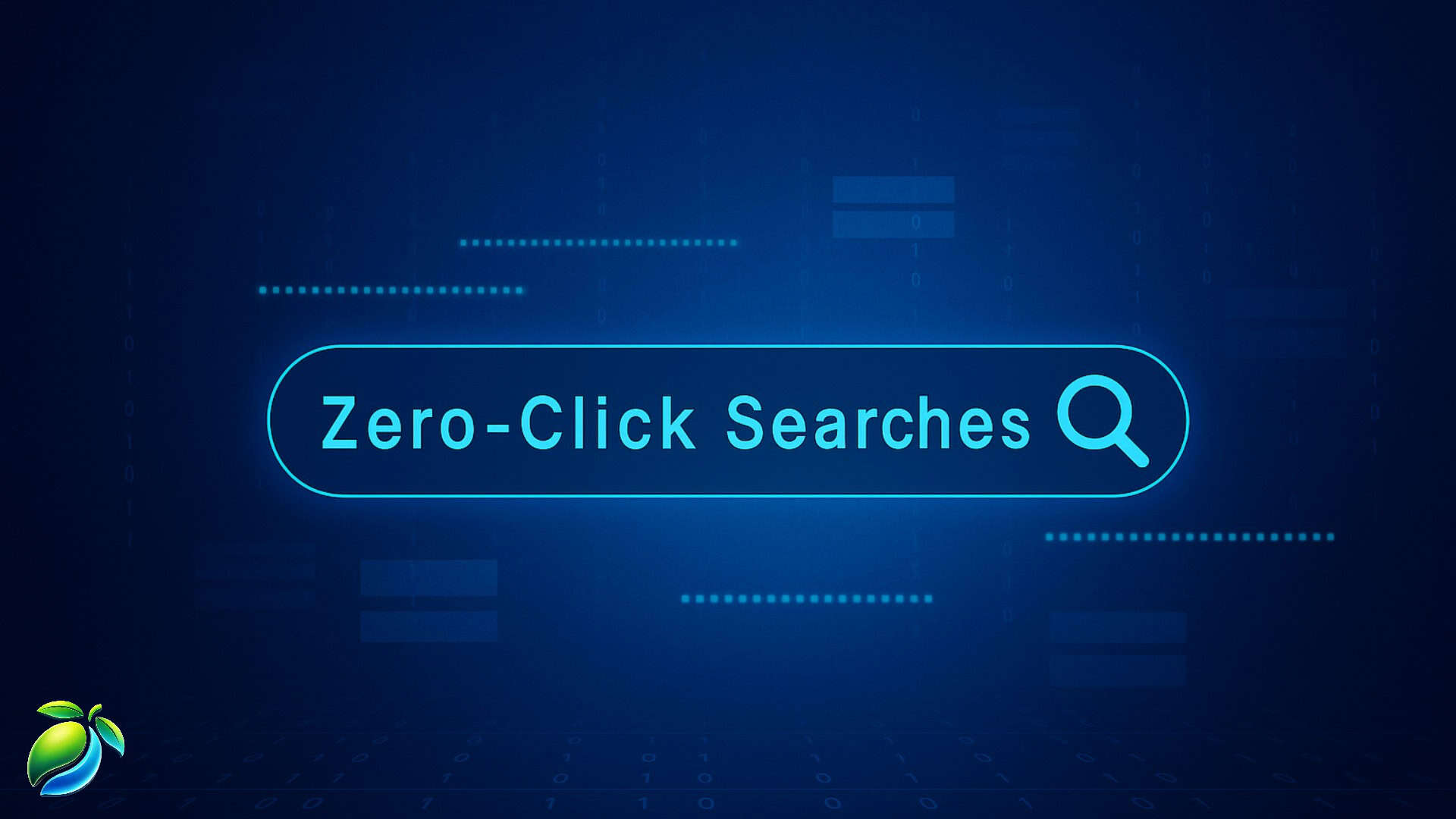 Zero-click searches concept with glowing search bar on a dark blue tech background, used for a marketing article about visibility without clicks