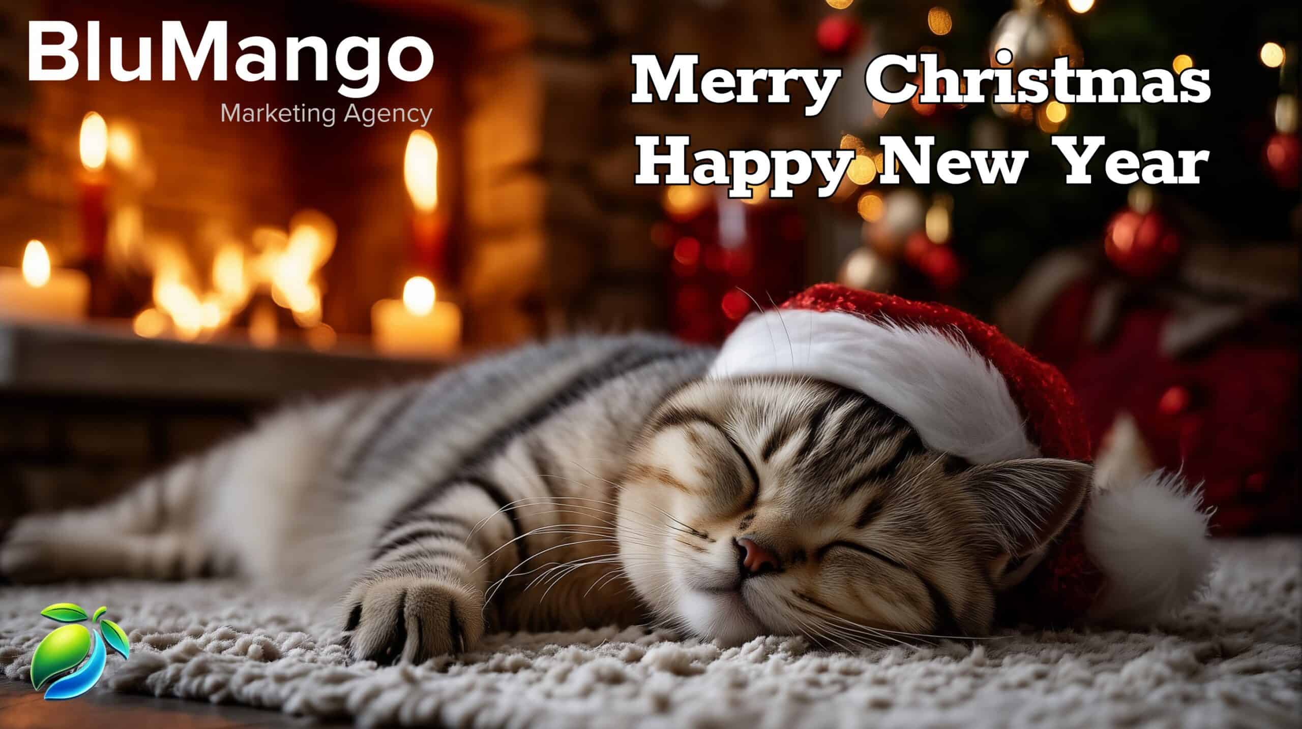 Vrolijk kerstfeest en gelukkig nieuwjaar wensen met een slapende kat in een kerstmuts bij een warme open haard