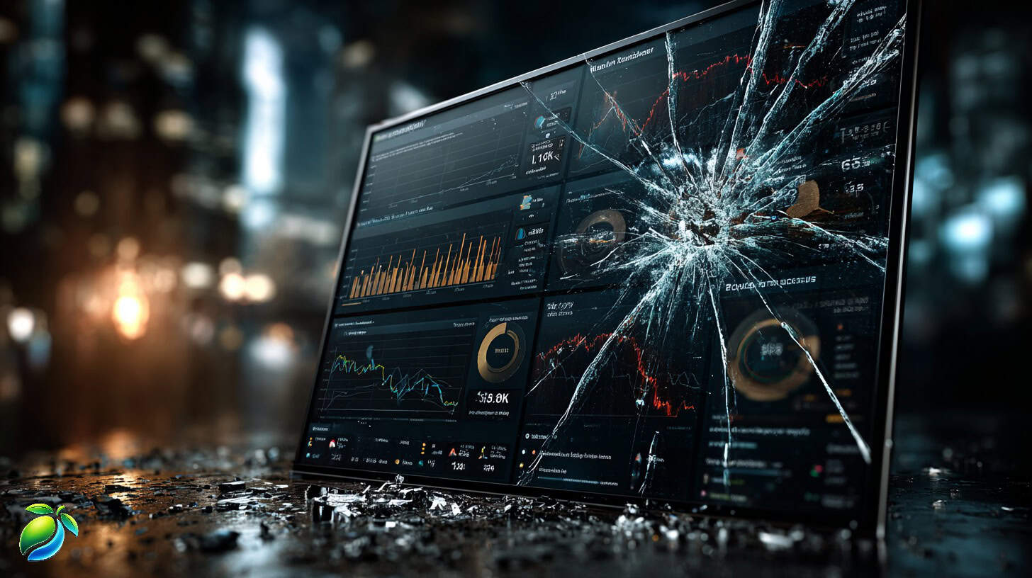 Cracked analytics dashboard with charts and shattered glass, showing why social media reporting that drives revenue beats vanity metrics.