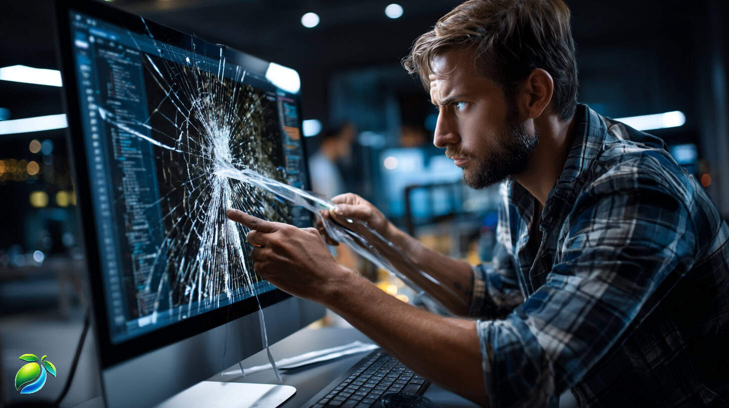 Website developer taping a cracked monitor with code on screen, symbolising patching old websites instead of rebuilding from scratch