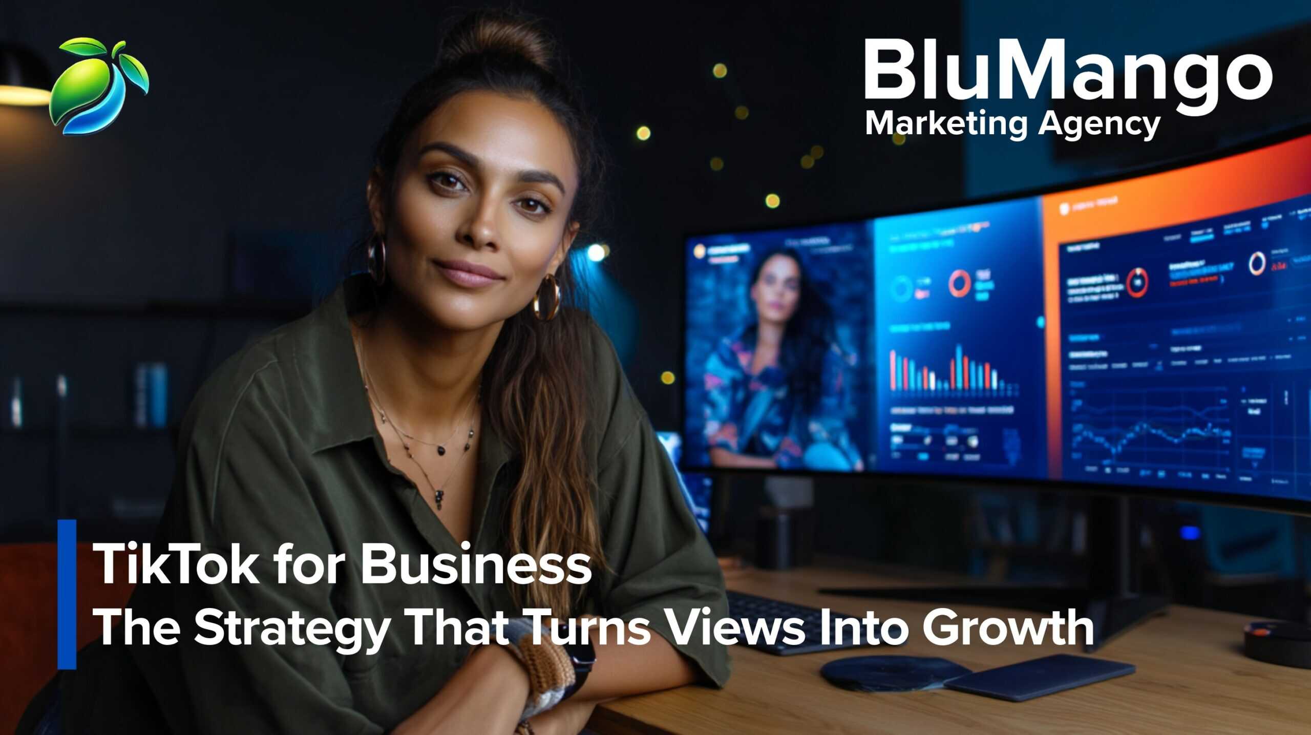 TikTok for business strategy visual showing a marketer at a desk with analytics dashboards on dual screens