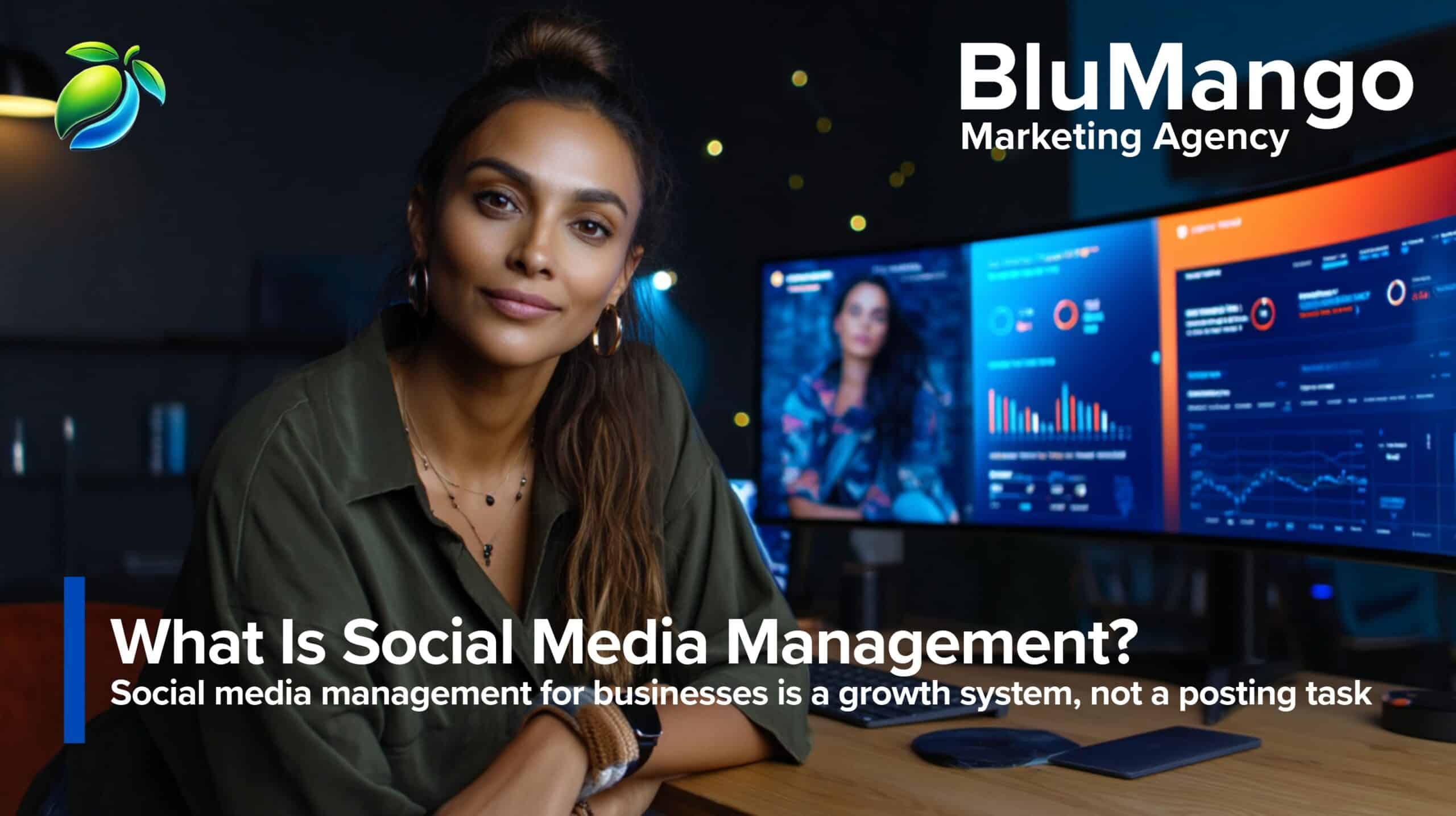 Social media management for businesses concept with marketing professional and analytics dashboards on screens in a modern office