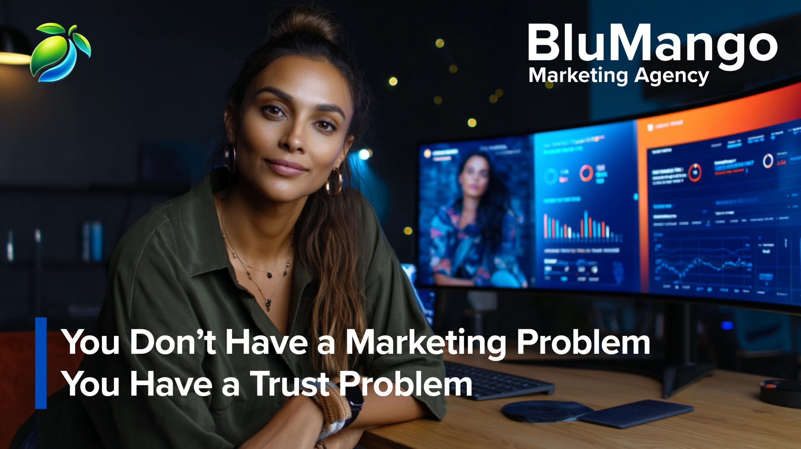 Banner showing a marketing professional with analytics dashboards, illustrating micromanaging your marketing agency as a trust problem.