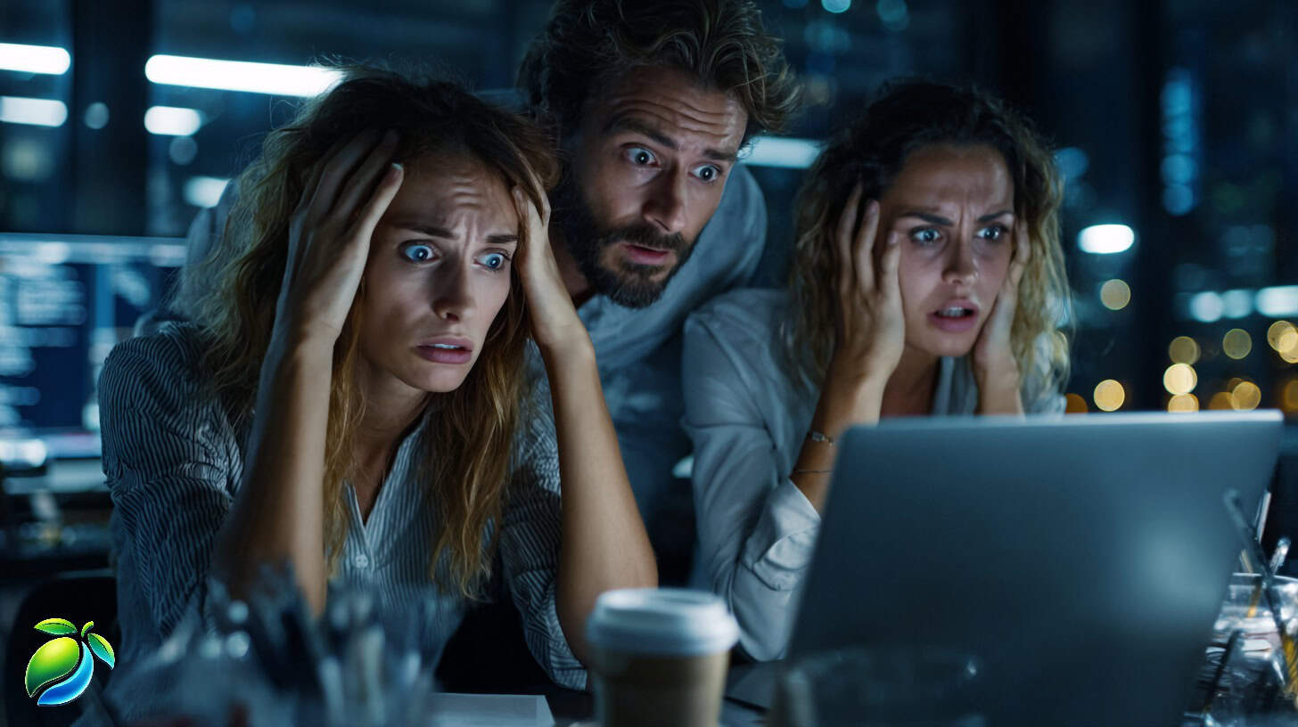 Team in panic around a laptop late at night as a social media crisis unfolds on screen