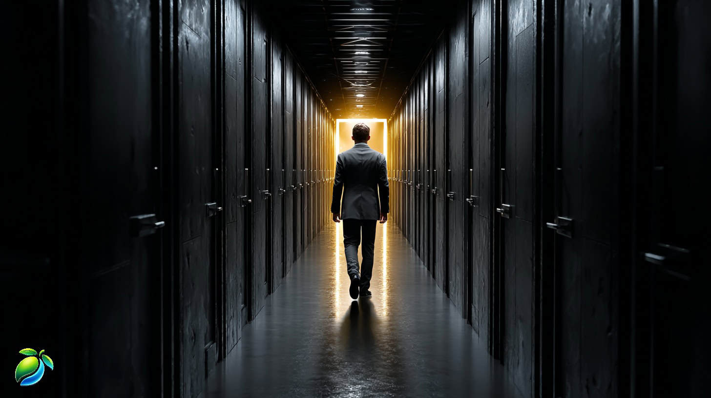 Business professional walking toward the obvious choice in a corridor of grey doors, representing what marketing really means