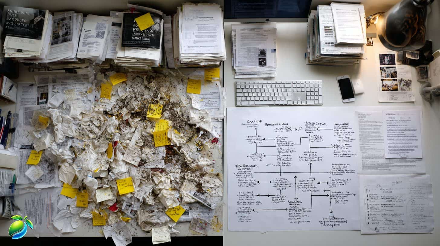 Chaotic scattered notes versus a structured B2B content strategy plan on a desk, seen from above